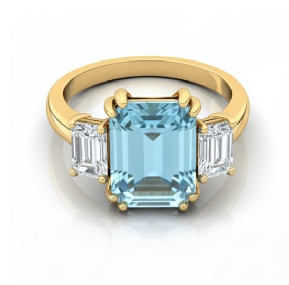 Aquamarine with diamond 18k yellow gold ring