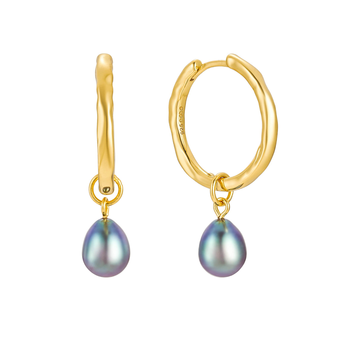 Black Pearl Hammered Hoop Earrings 18K Yellow Gold Vermeil & Black Pearl