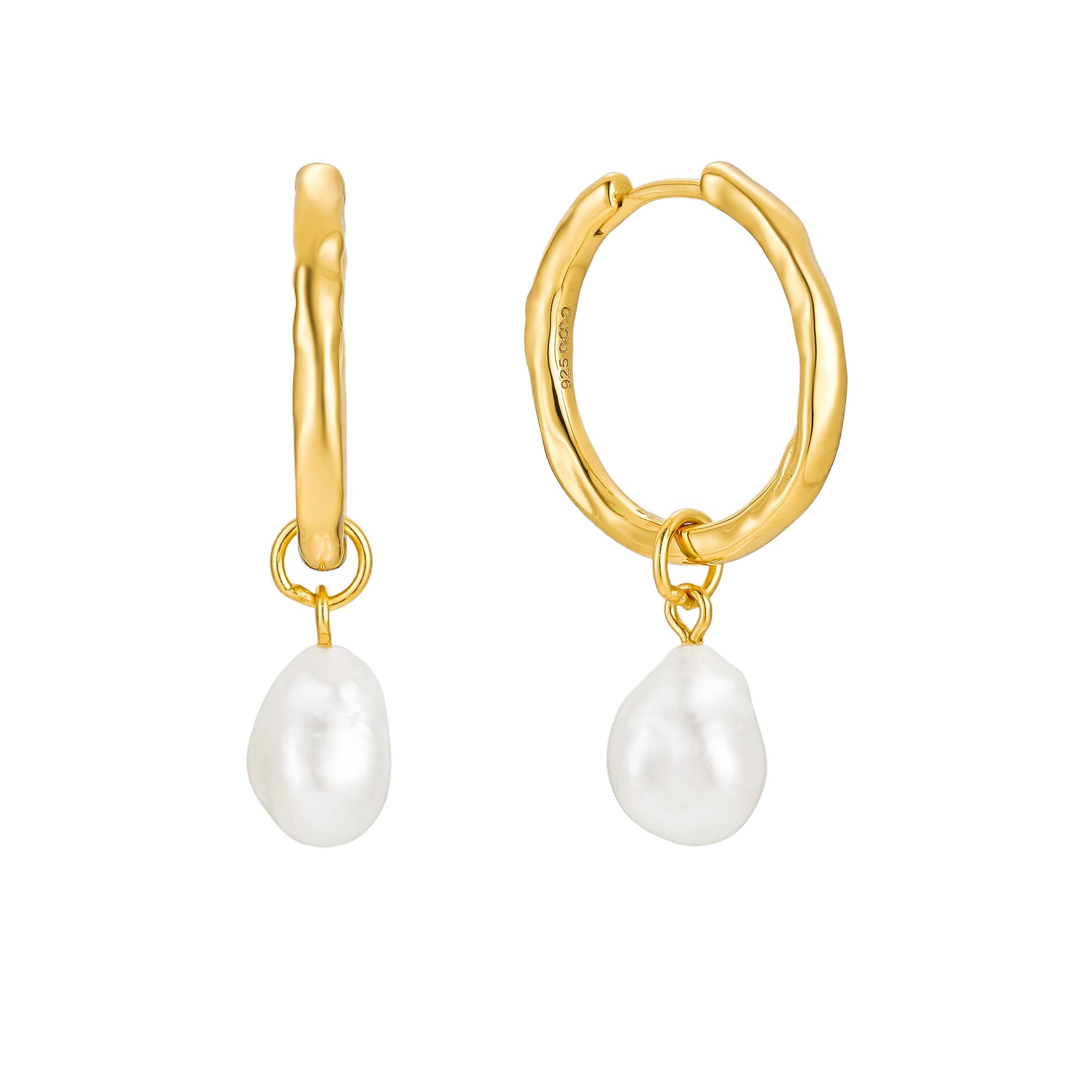 Pearl Hammered Hoop Earrings 18K Yellow Gold Vermeil & White Pearl