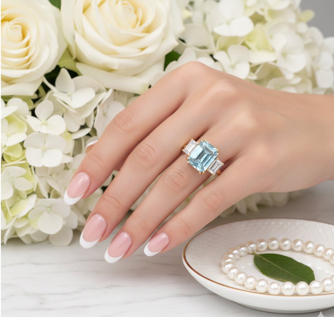 3.8 Carat Aquamarine and Diamond Engagement Ring/18k Solid Yellow Gold