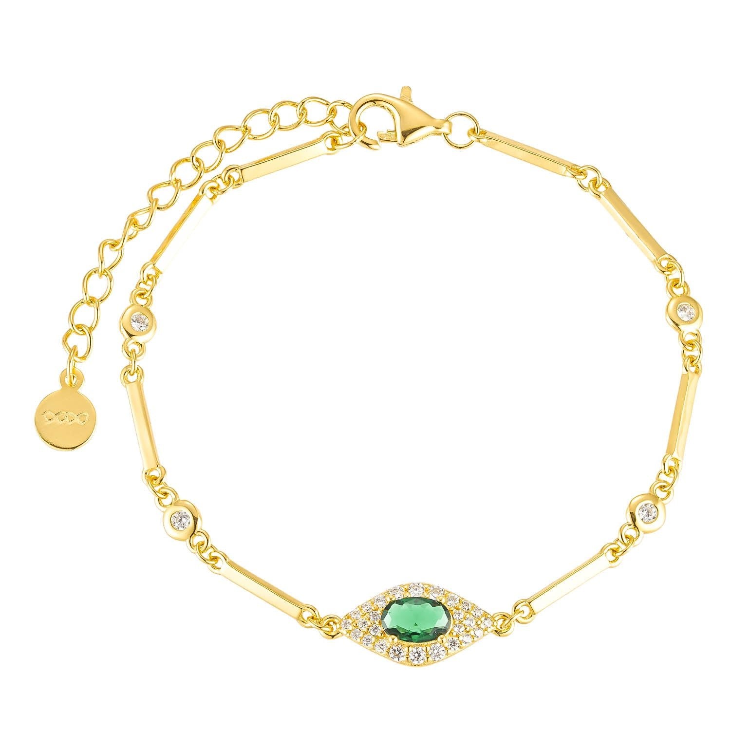 Evil Eye Bar Bracelet 18K Yellow Gold Vermeil & Green & White Cubic Zirconia
