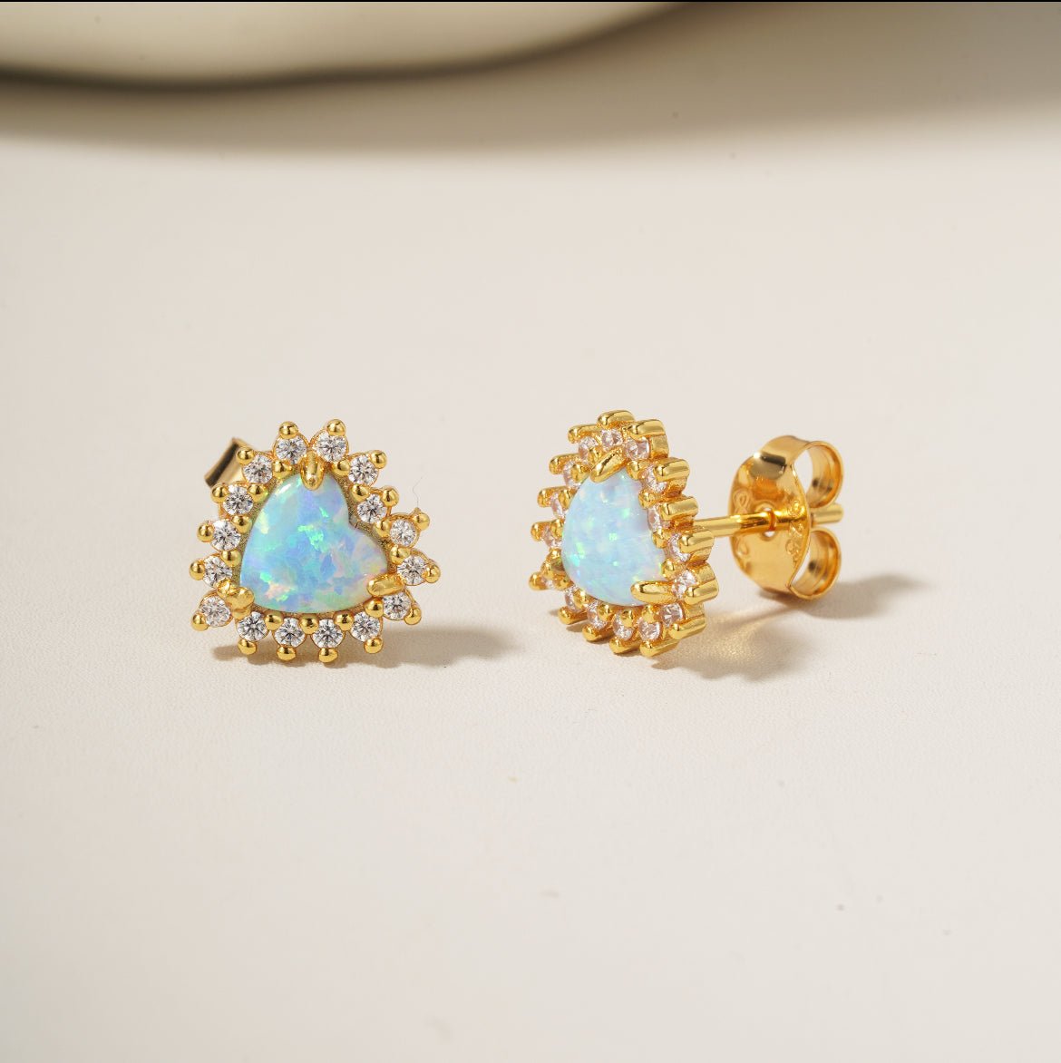 Opal Halo Heart Stud Earrings/18K Yellow Gold Vermeil with Opal & Cubic Zirconia