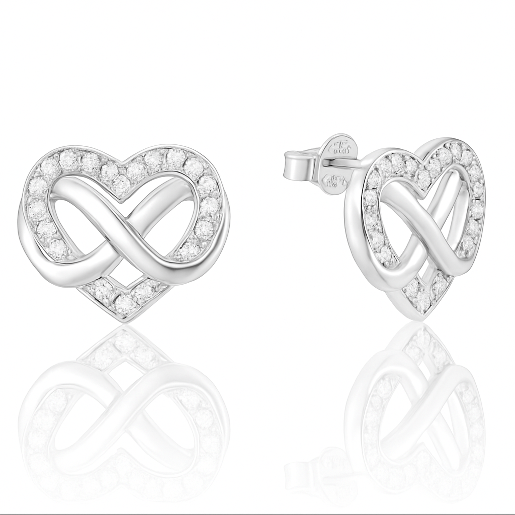 Infinity Heart Stud Earrings 18K White Gold Vermeil & Cubic Zirconia