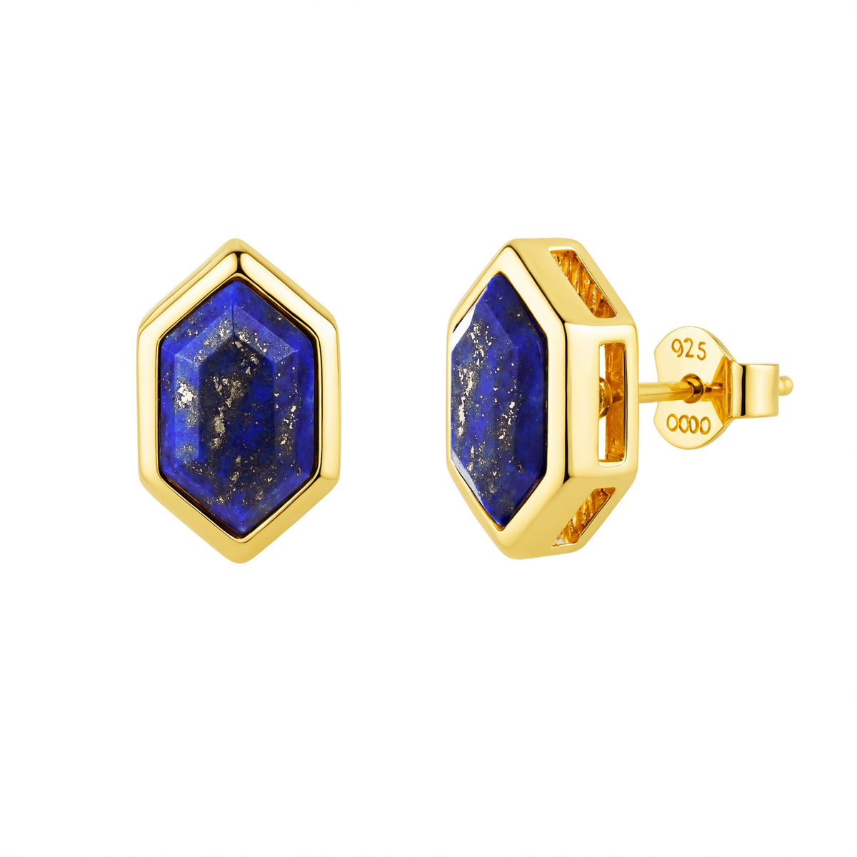 Night Sky Hexagon Stud Earrings 18K Yellow Gold Vermeil & Lapis Lazuli