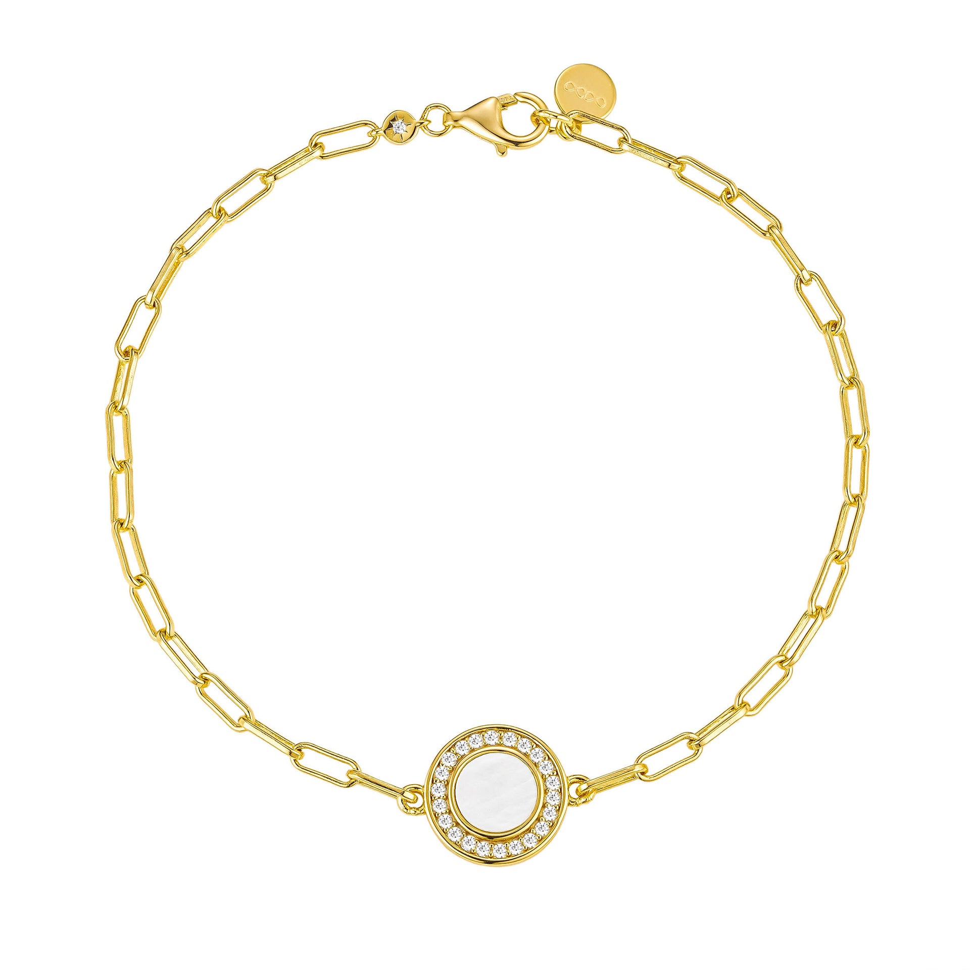 Mother Pearl Halo Paperclip Bracelet 18K Yellow Gold Vermeil
