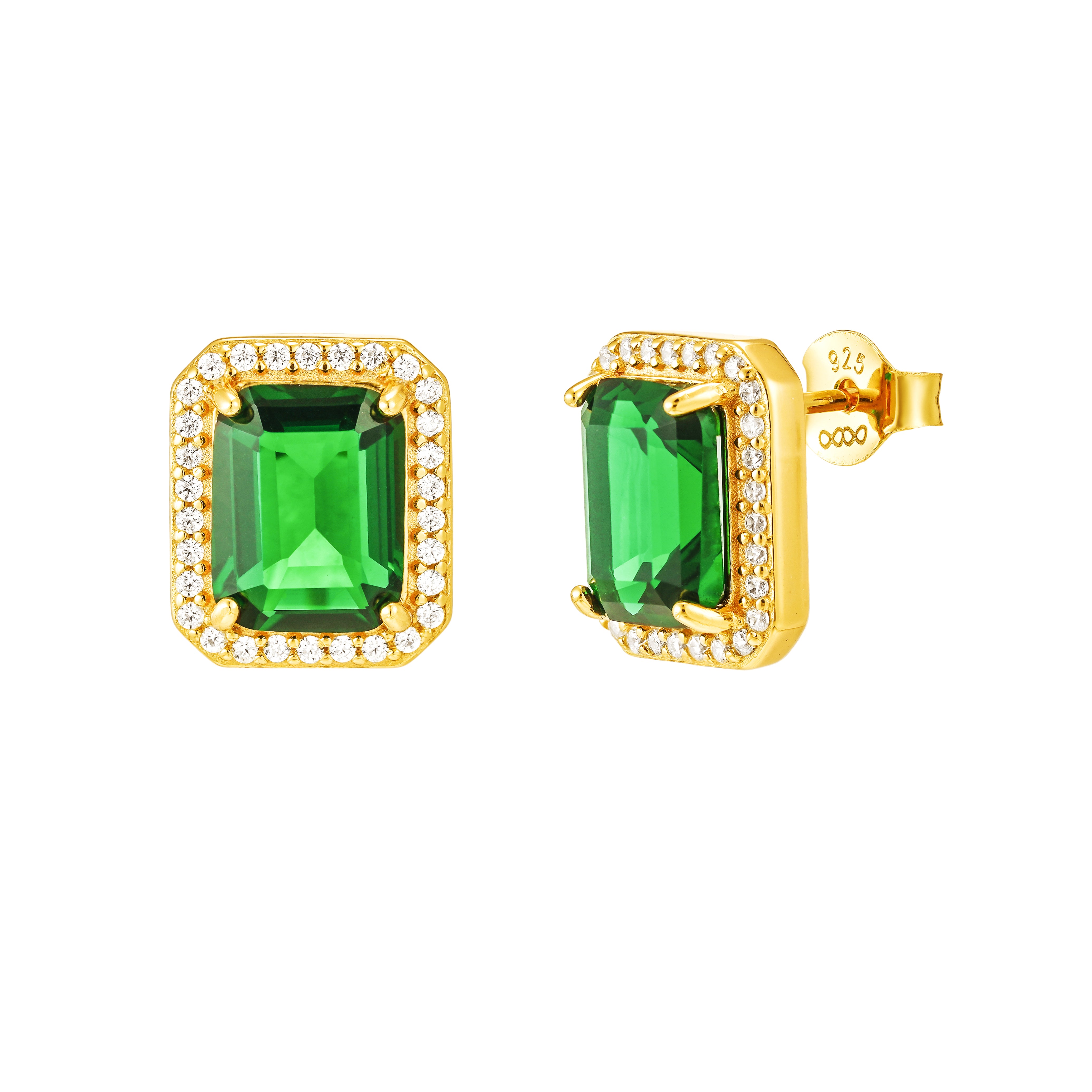 Grandeur Halo Stud Earrings 18K Yellow Gold Vermeil & Emerald Cubic Zirconia
