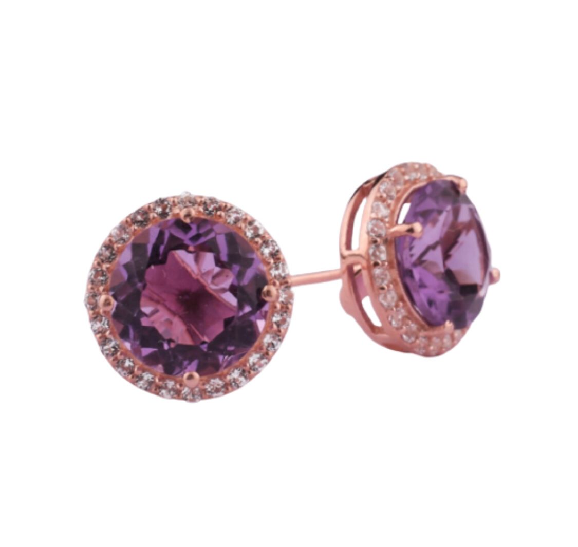 10 Carat Amethyst Halo Stud Earrings 18k Rose Gold Vermeil & Amethyst & White Topaz