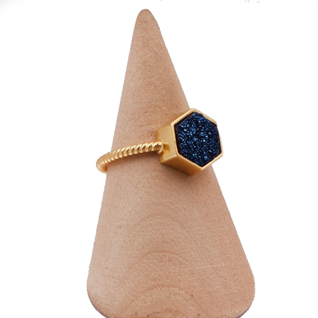 Night Sky Hexagon Statement Ring/18K Yellow Gold & Blue Titanium Druzy - infinityXinfinity.co.uk