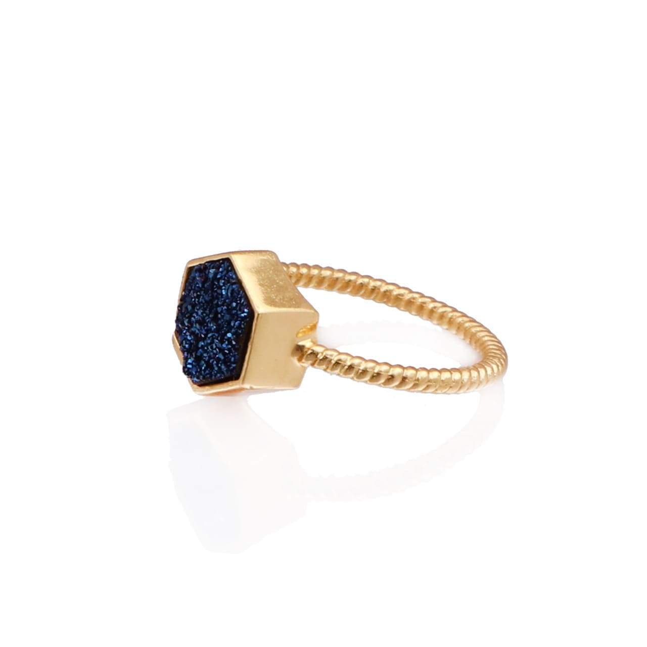 Night Sky Hexagon Statement Ring/18K Yellow Gold & Blue Titanium Druzy - infinityXinfinity.co.uk