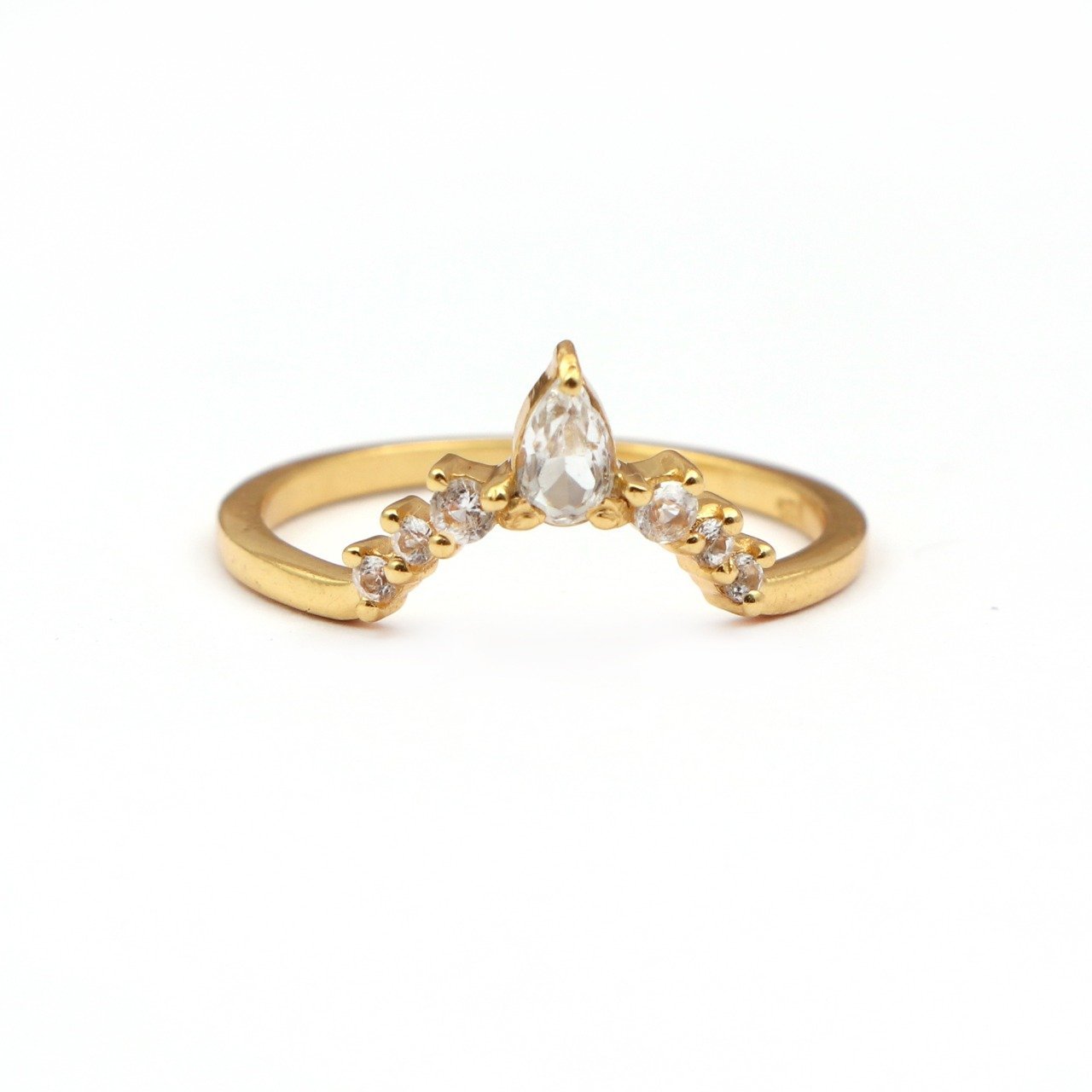 Elegant V Shaped Stacker Ring 18K Yellow Gold & White Topaz