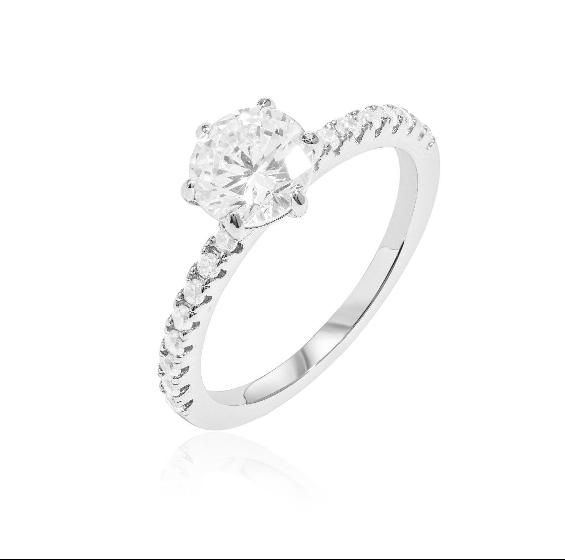 Grand Solitaire Ring side stones 18K White Gold Vermeil & Cubic Zirconia