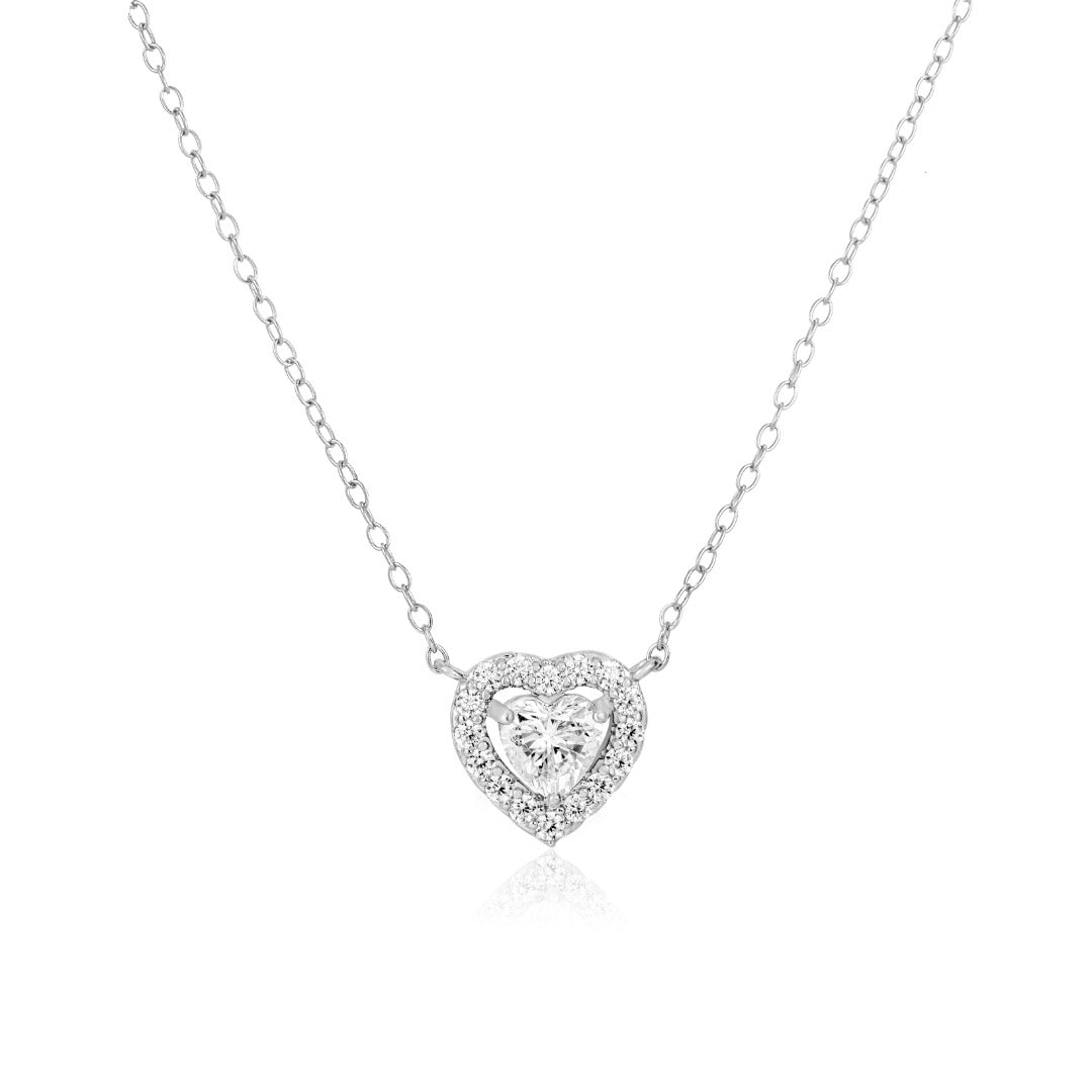 Bundle: 1.5 Carat Halo Heart Stud Earrings & 2 Carat Halo Heart Necklace/18K White Gold & Cubic Zirconia - InfinityXInfinity