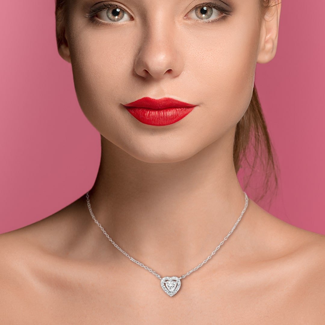 Bundle: 1.5 Carat Halo Heart Stud Earrings & 2 Carat Halo Heart Necklace/18K White Gold & Cubic Zirconia - InfinityXInfinity