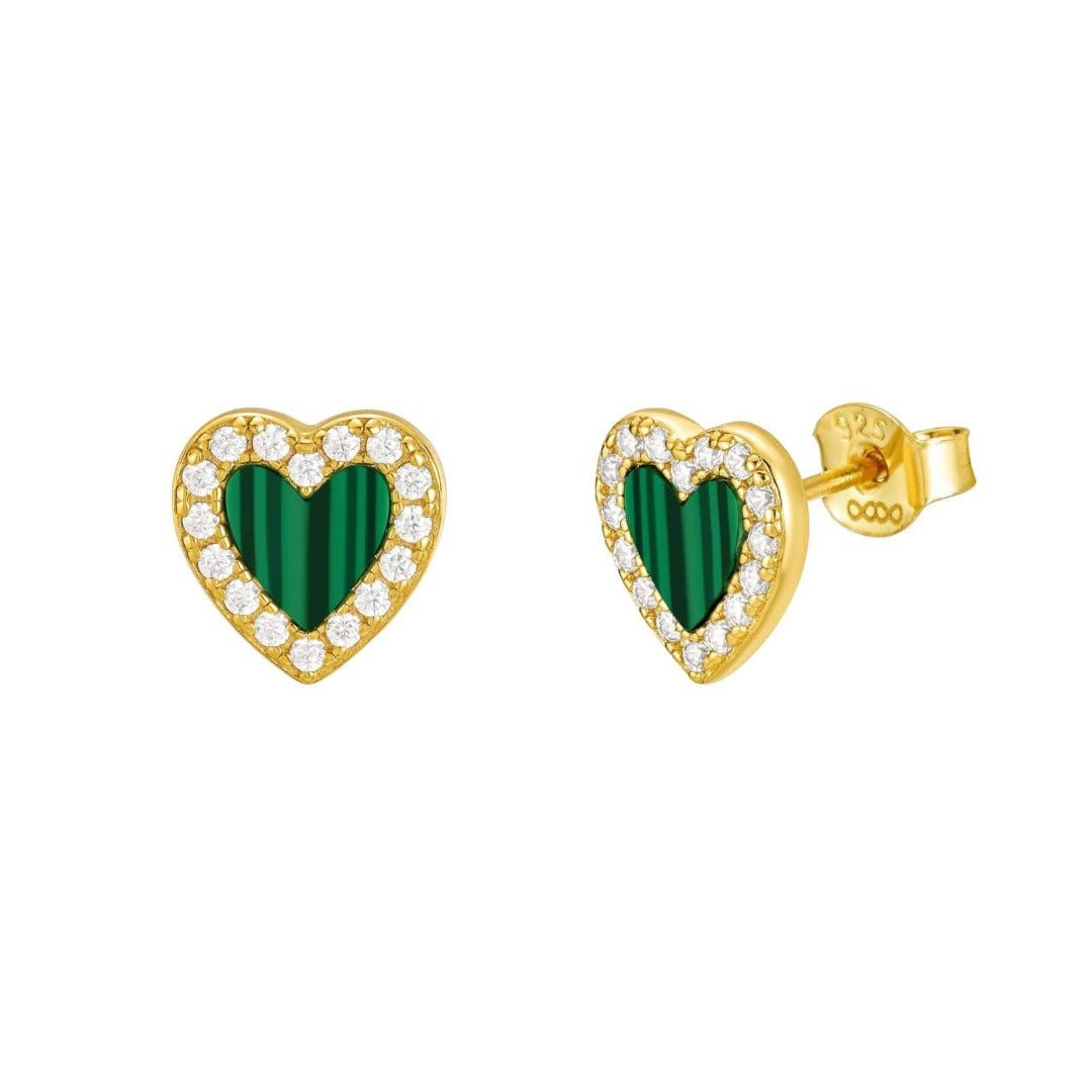 Malachite Halo Heart Stud Earrings 18K Yellow Gold Vermeil & Malachite
