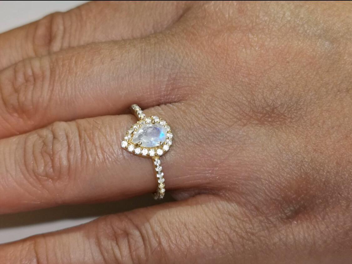 Teardrop Halo Statement Ring/18K Yellow Gold With Rainbow Moonstone & White Topaz - infinityXinfinity.co.uk