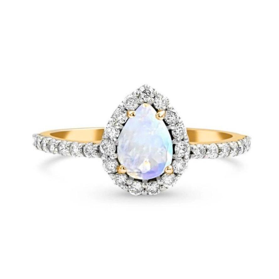 Teardrop Halo Statement Ring/18K Yellow Gold With Rainbow Moonstone & White Topaz - infinityXinfinity.co.uk