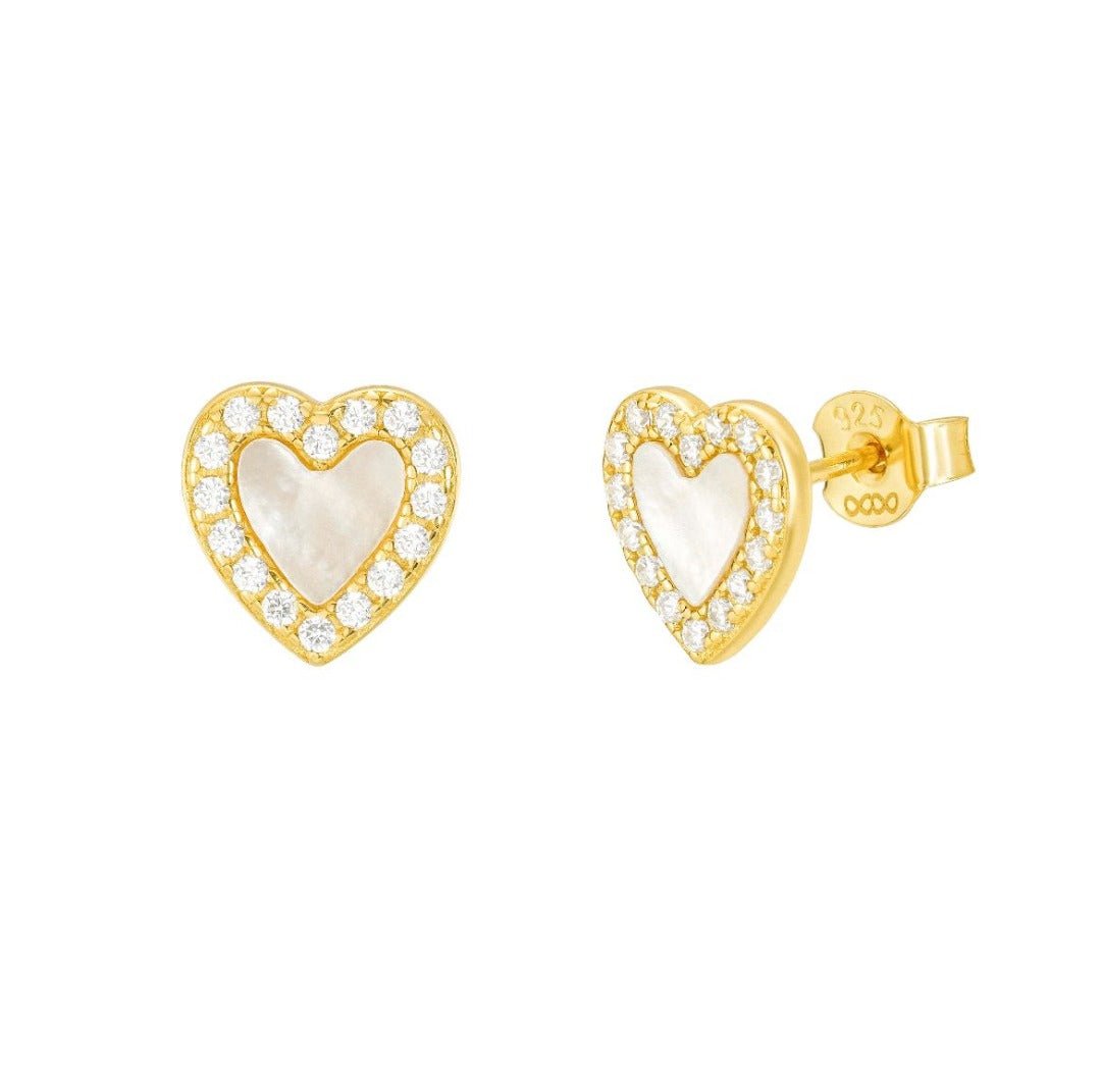 Mother Pearl Halo Heart Stud Earrings 18K Yellow Gold Vermeil