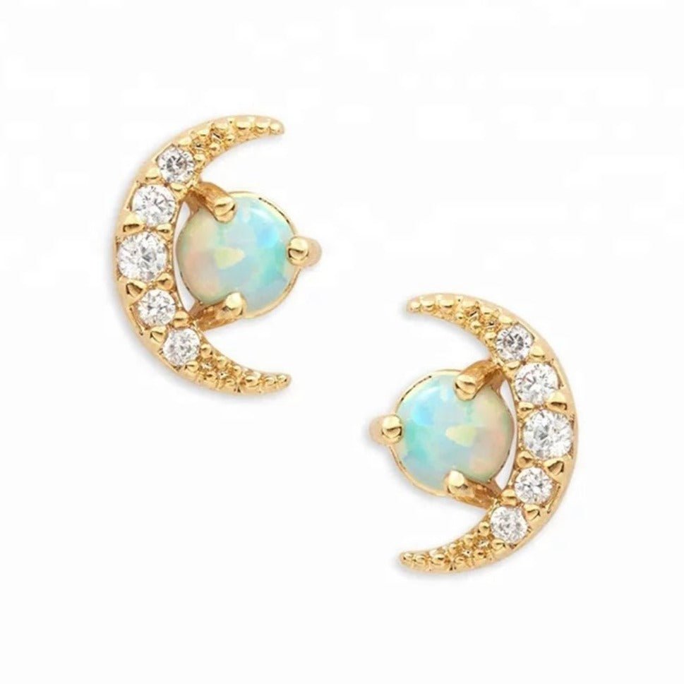 Opal Crescent Moon Stud Earrings 18K Yellow Gold Vermeil Opal & Cubic Zirconia