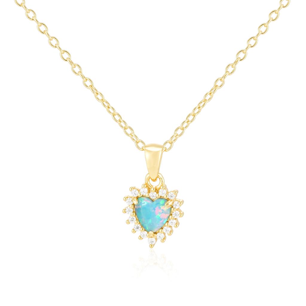 Opal Halo Heart Necklace/18K Yellow Gold with Opal & Cubic Zirconia - InfinityXInfinity