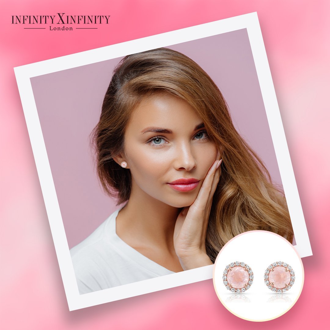 Rose Halo Stud Earrings/18k Rose Gold Vermeil & Rose Quartz & White Topaz - infinityXinfinity.co.uk