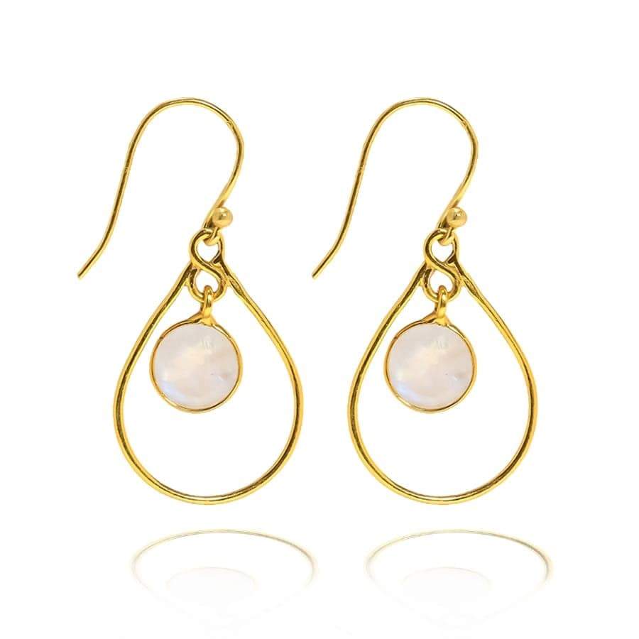 Single Teardrop Hoop Earrings 18K Yellow Gold & Rainbow Moonstone