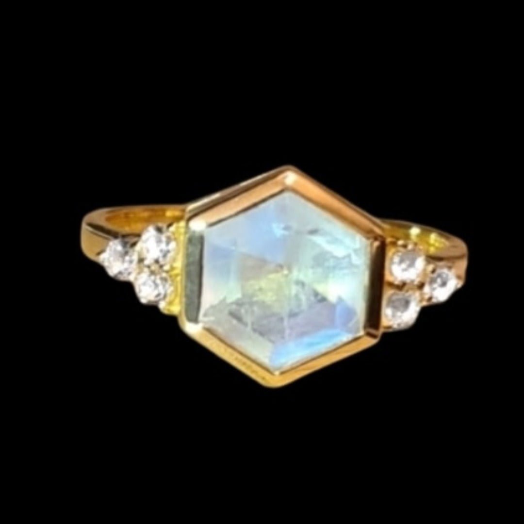 Venus Ring 18k Yellow Gold Vermeil Rainbow Moonstone & White Topaz