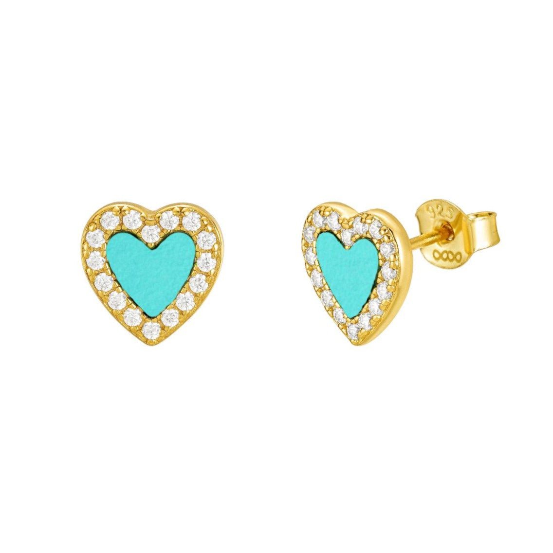 Turquoise Halo Heart Stud Earrings 18K Yellow Gold Vermeil