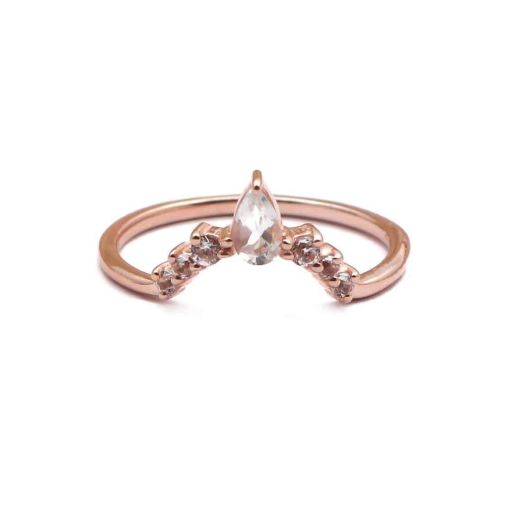 Elegant V Shaped Stacker Ring 18K Rose Gold & White Topaz
