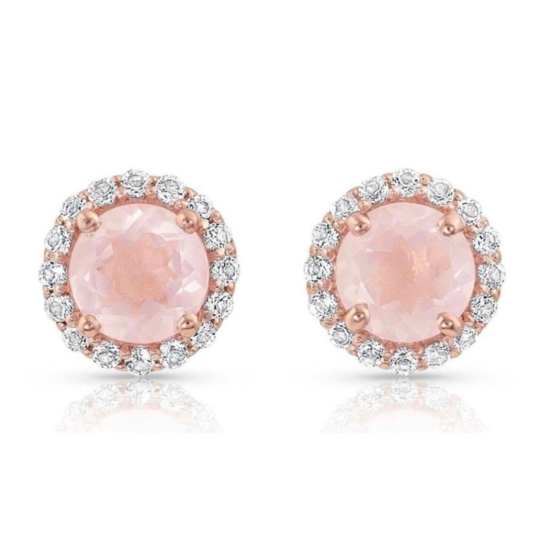 10 Carat Rose Quartz Halo Stud Earrings 18k Rose Gold Vermeil & Rose Quartz & White Topaz