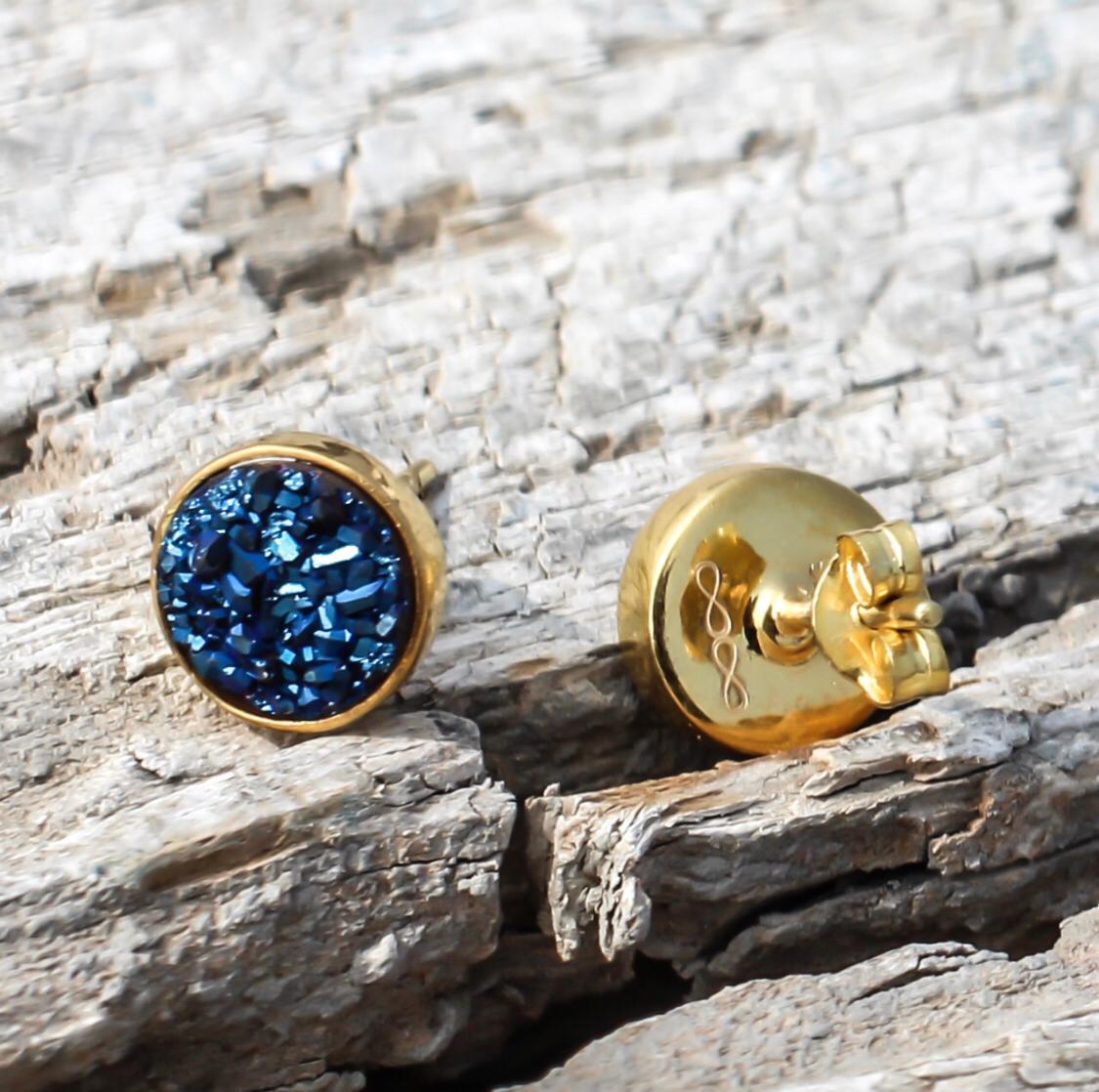 Night Sky Studs/18k Yellow Gold in Blue Titanium Druzy - infinityXinfinity.co.uk