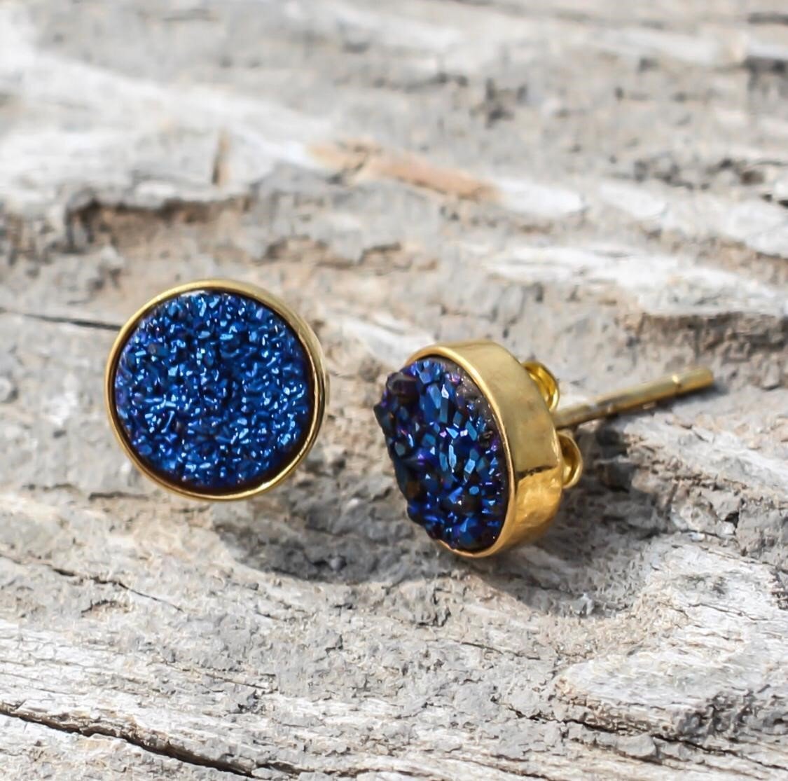 Night Sky Studs/18k Yellow Gold in Blue Titanium Druzy - infinityXinfinity.co.uk