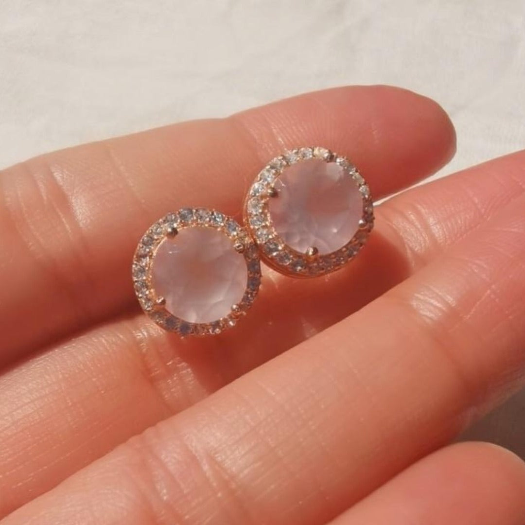 Rose Halo Stud Earrings/18k Rose Gold Vermeil & Rose Quartz & White Topaz - infinityXinfinity.co.uk