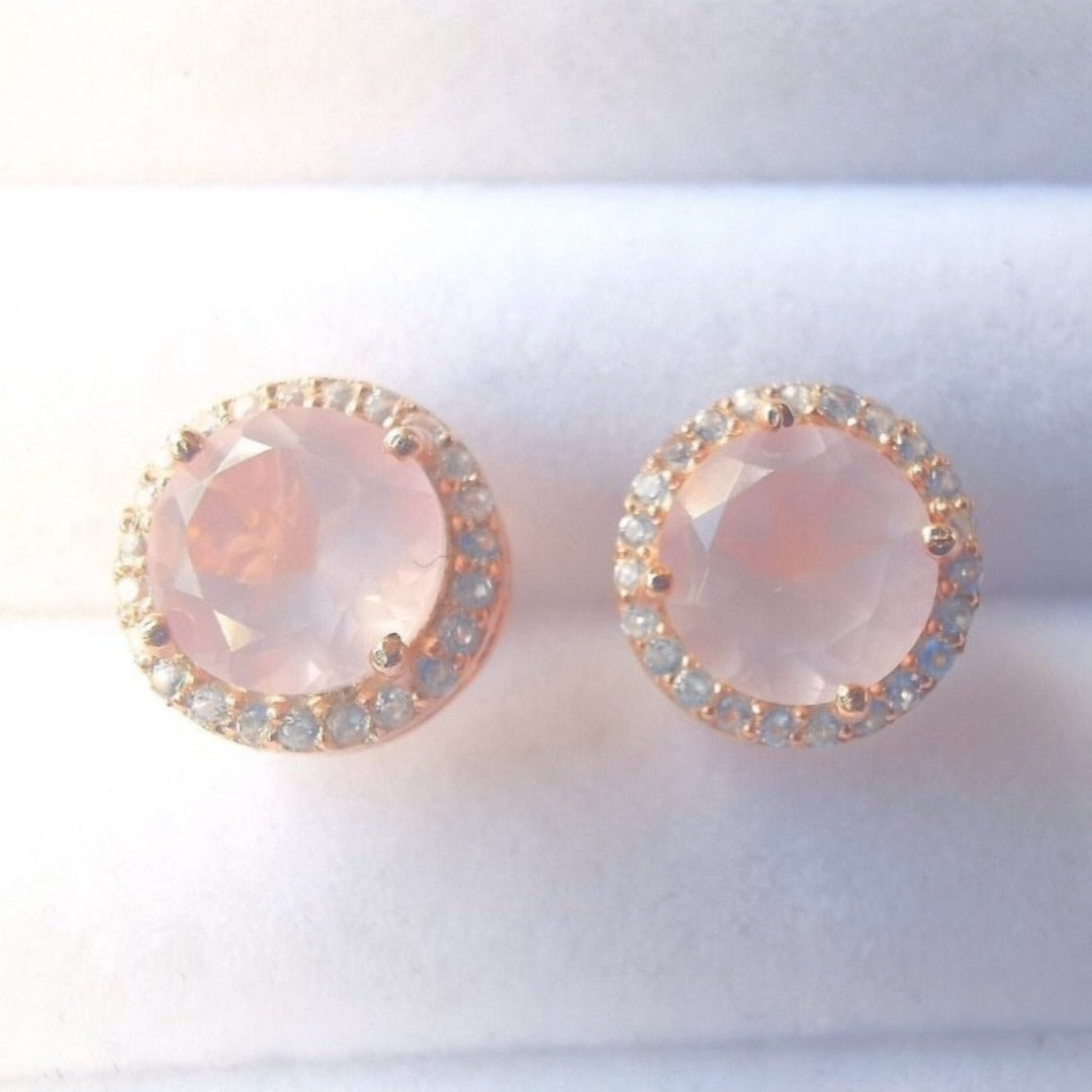Rose Halo Stud Earrings/18k Rose Gold Vermeil & Rose Quartz & White Topaz - infinityXinfinity.co.uk