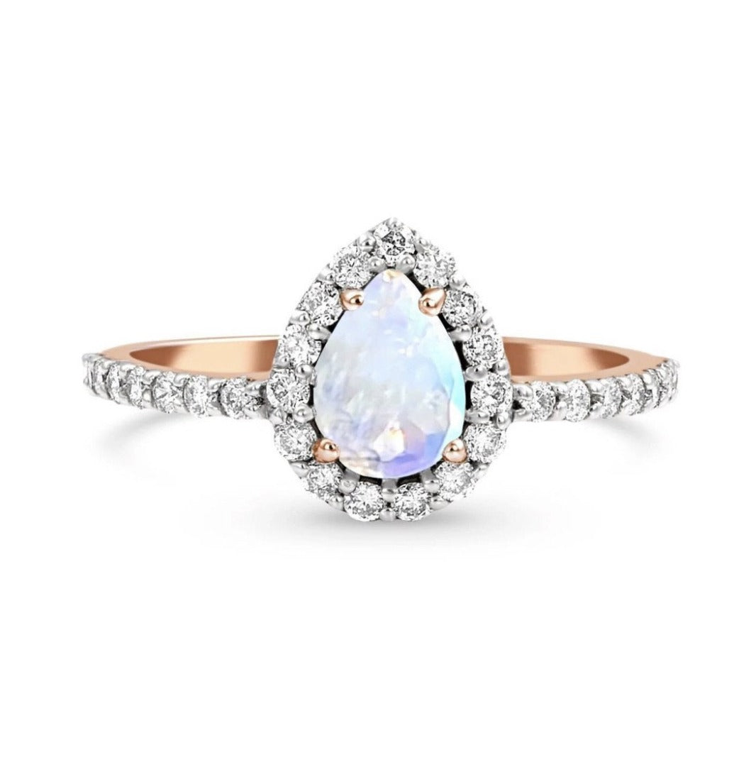 Teardrop Halo Statement Ring/18k Rose Gold with & Rainbow Moonstone & White Topaz - infinityXinfinity.co.uk