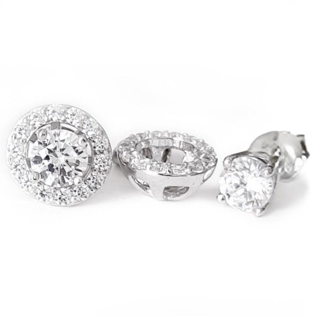 2 1 Halo Stud Earrings 18k White Gold Vermeil & Premium Cubic Zirconia