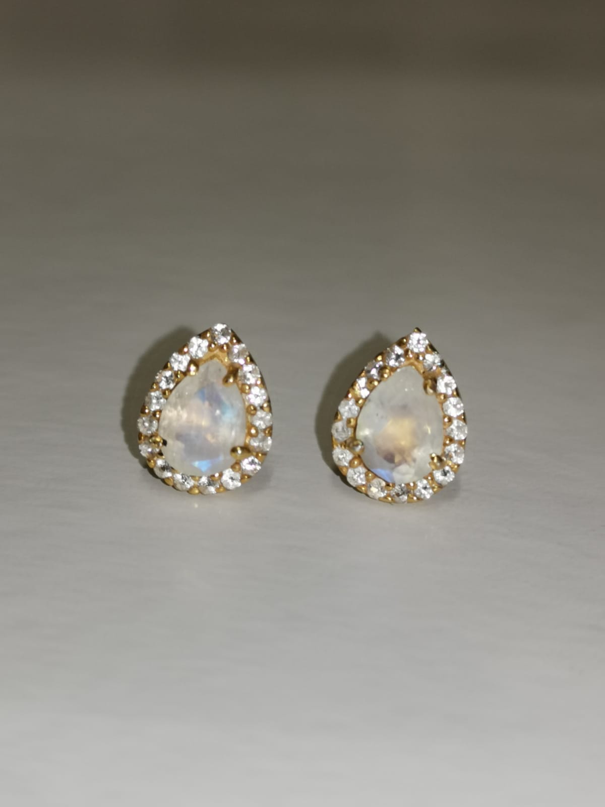 Teardrop Halo Statement Earrings/18k Yellow Gold With Rainbow Moonstone & White Topaz - infinityXinfinity.co.uk