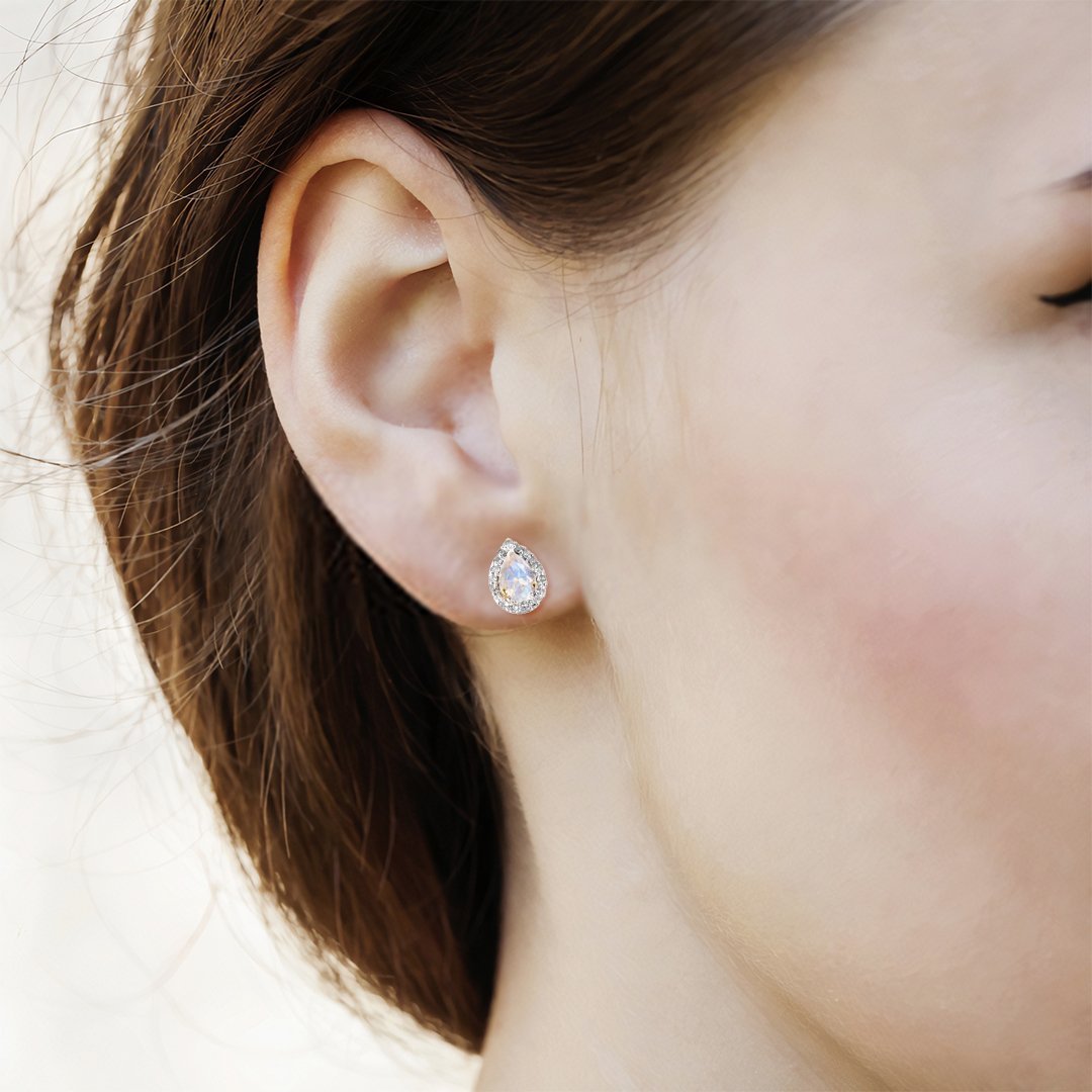 Teardrop Halo Statement Earrings/18k Yellow Gold With Rainbow Moonstone & White Topaz - infinityXinfinity.co.uk