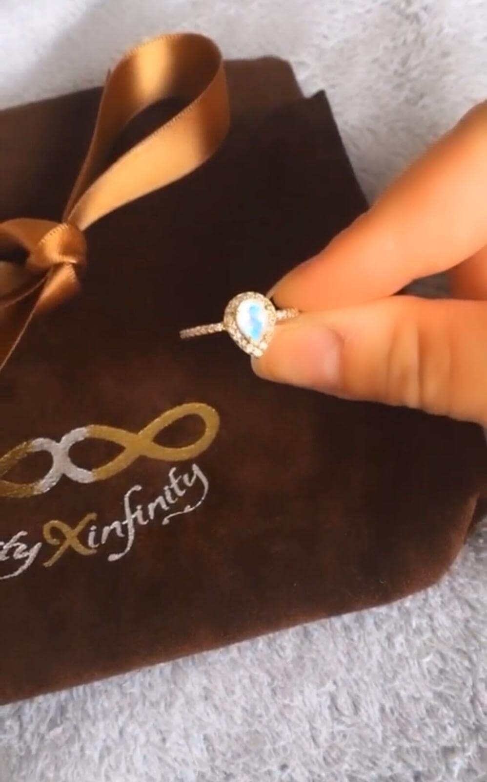 Teardrop Halo Statement Ring/18K Yellow Gold With Rainbow Moonstone & White Topaz - infinityXinfinity.co.uk