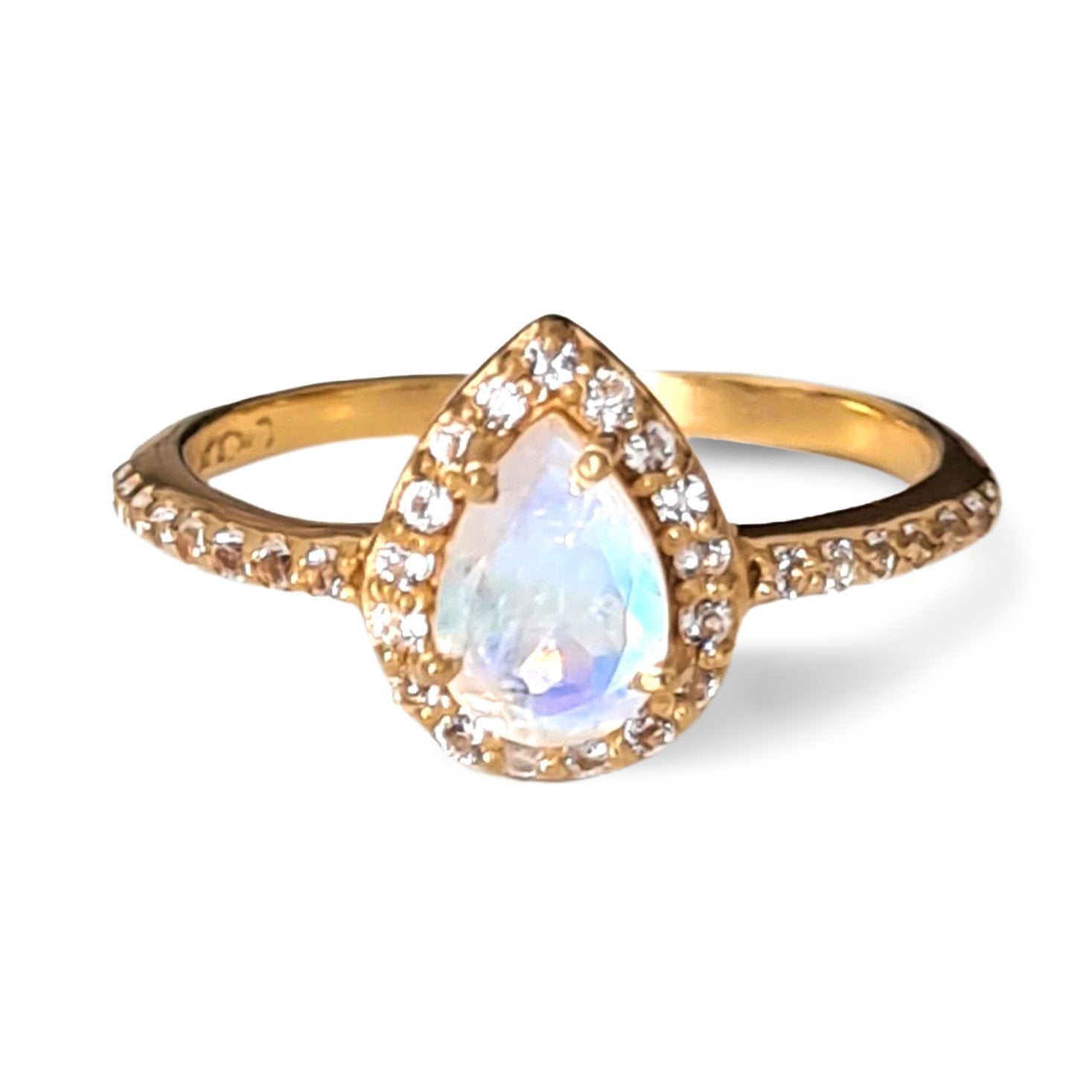 Teardrop Halo Statement Ring/18K Yellow Gold With Rainbow Moonstone & White Topaz - infinityXinfinity.co.uk