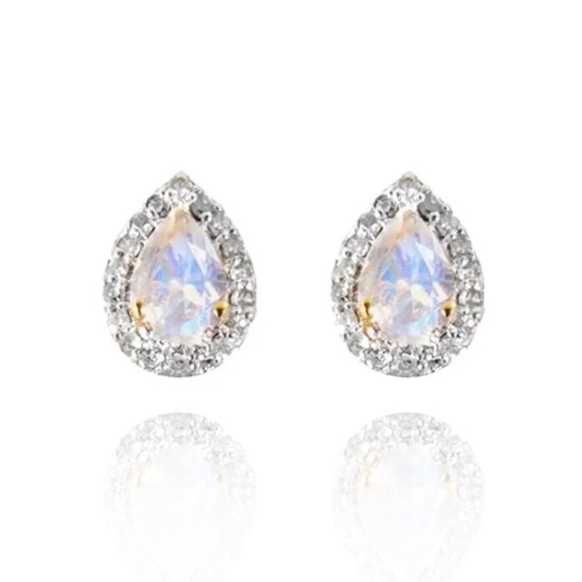 Teardrop Halo Statement Earrings 18k Yellow Gold Rainbow Moonstone & White Topaz