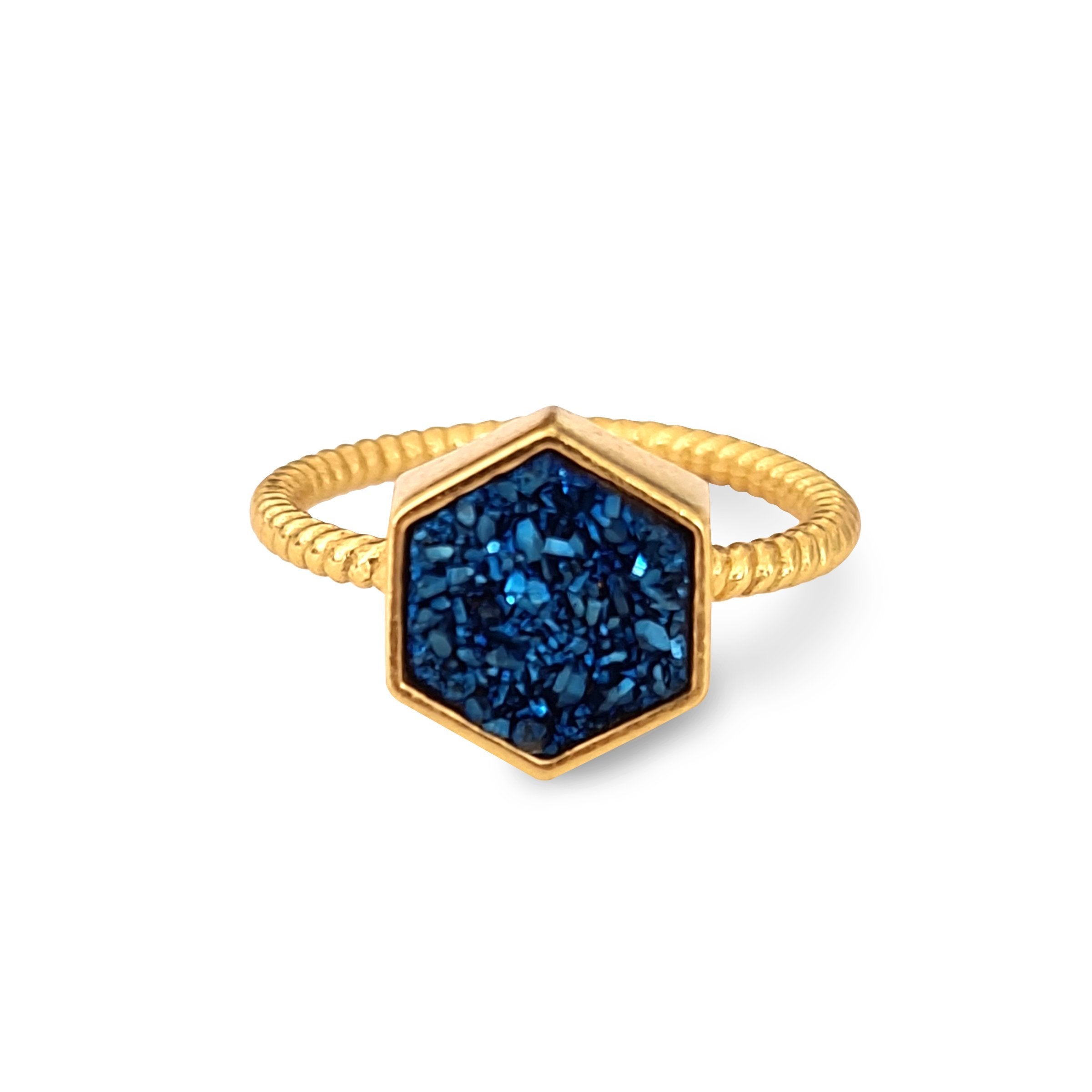 Night Sky Hexagon Statement Ring/18K Yellow Gold & Blue Titanium Druzy - infinityXinfinity.co.uk