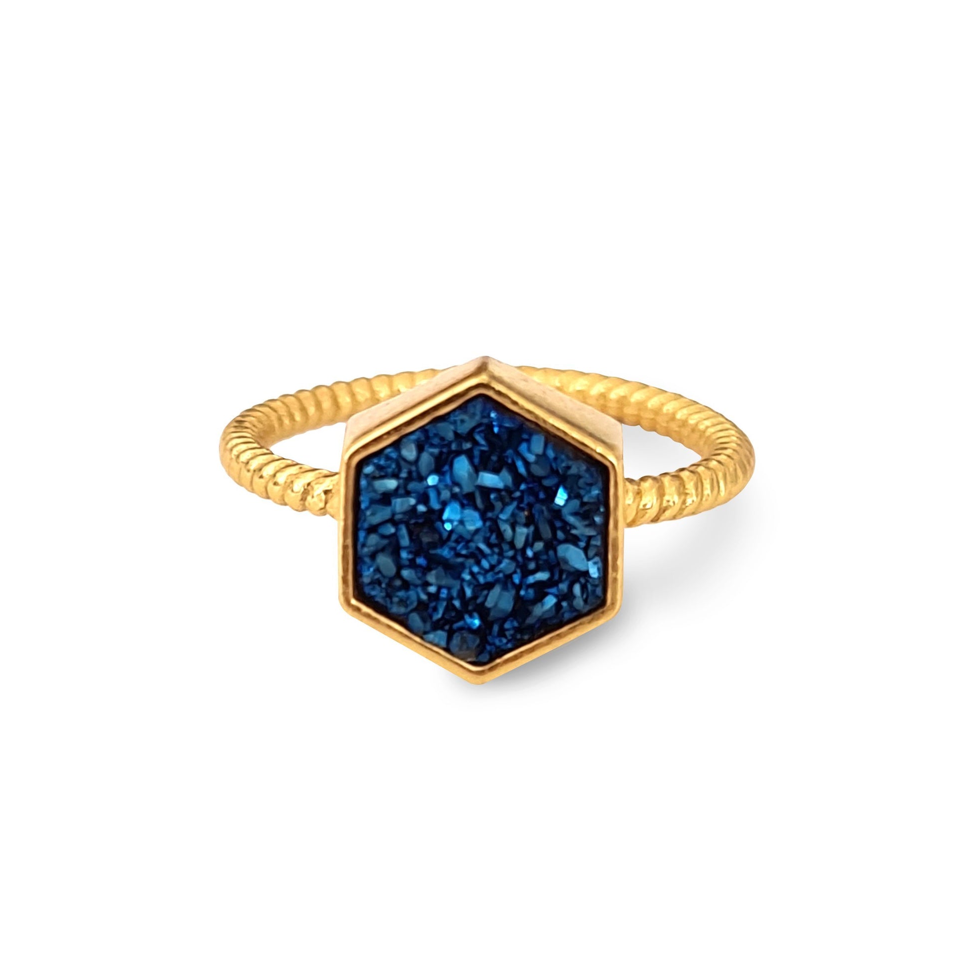 Night Sky Hexagon Statement Ring 18K Yellow Gold & Blue Titanium Druzy