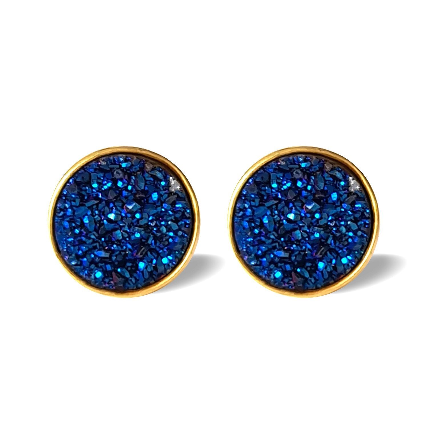 Night Sky Studs/18k Yellow Gold in Blue Titanium Druzy - infinityXinfinity.co.uk