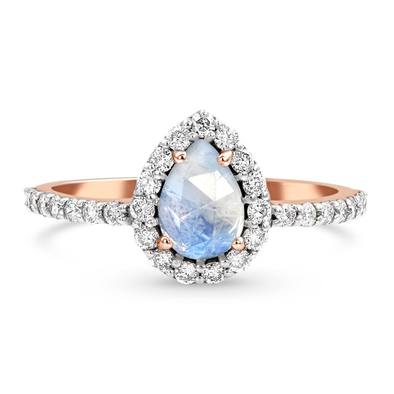 Teardrop Halo Statement Ring/18k Rose Gold with & Rainbow Moonstone & White Topaz - infinityXinfinity.co.uk