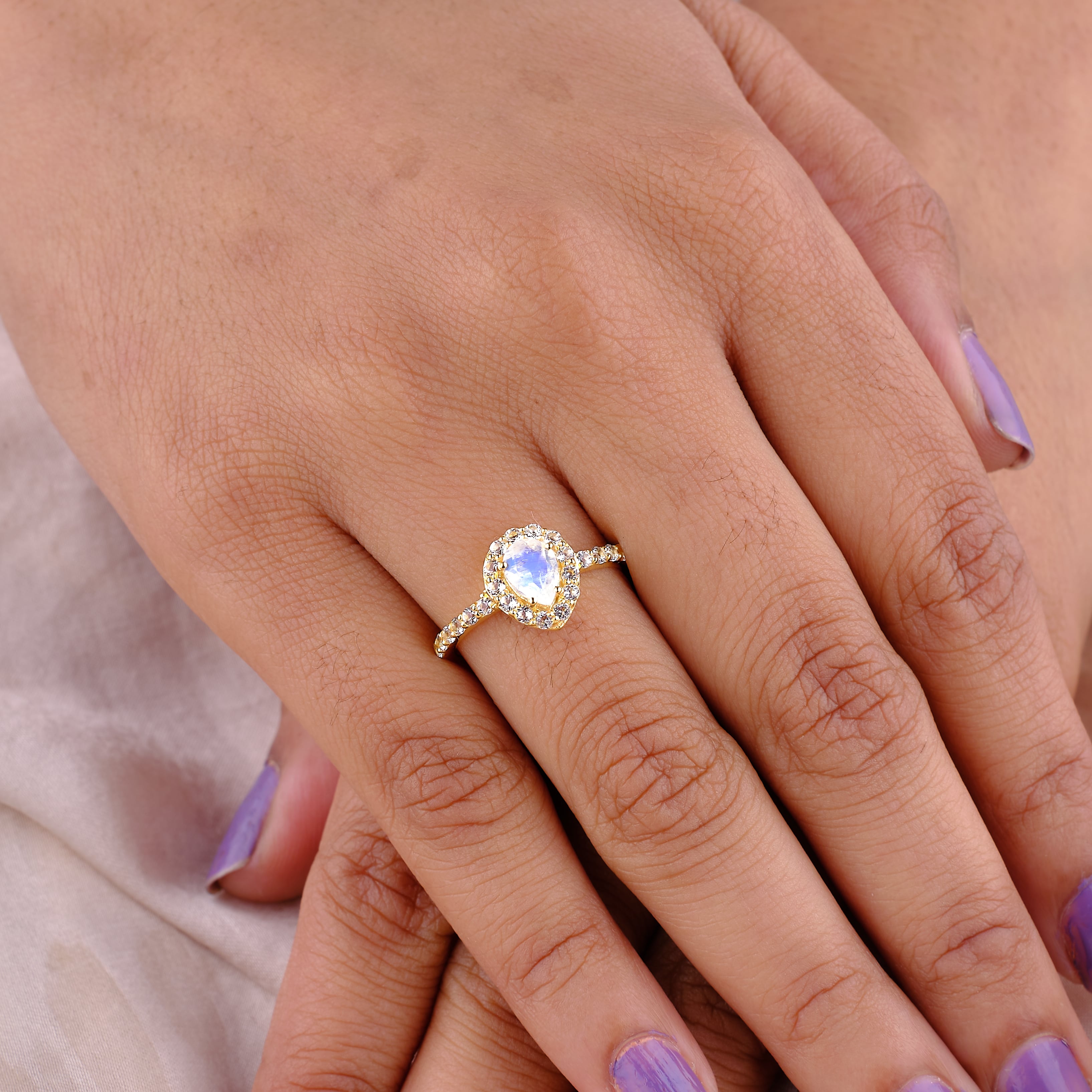 Supernova Ring 18k Rose Gold Vermeil Rainbow Moonstone & White Topaz