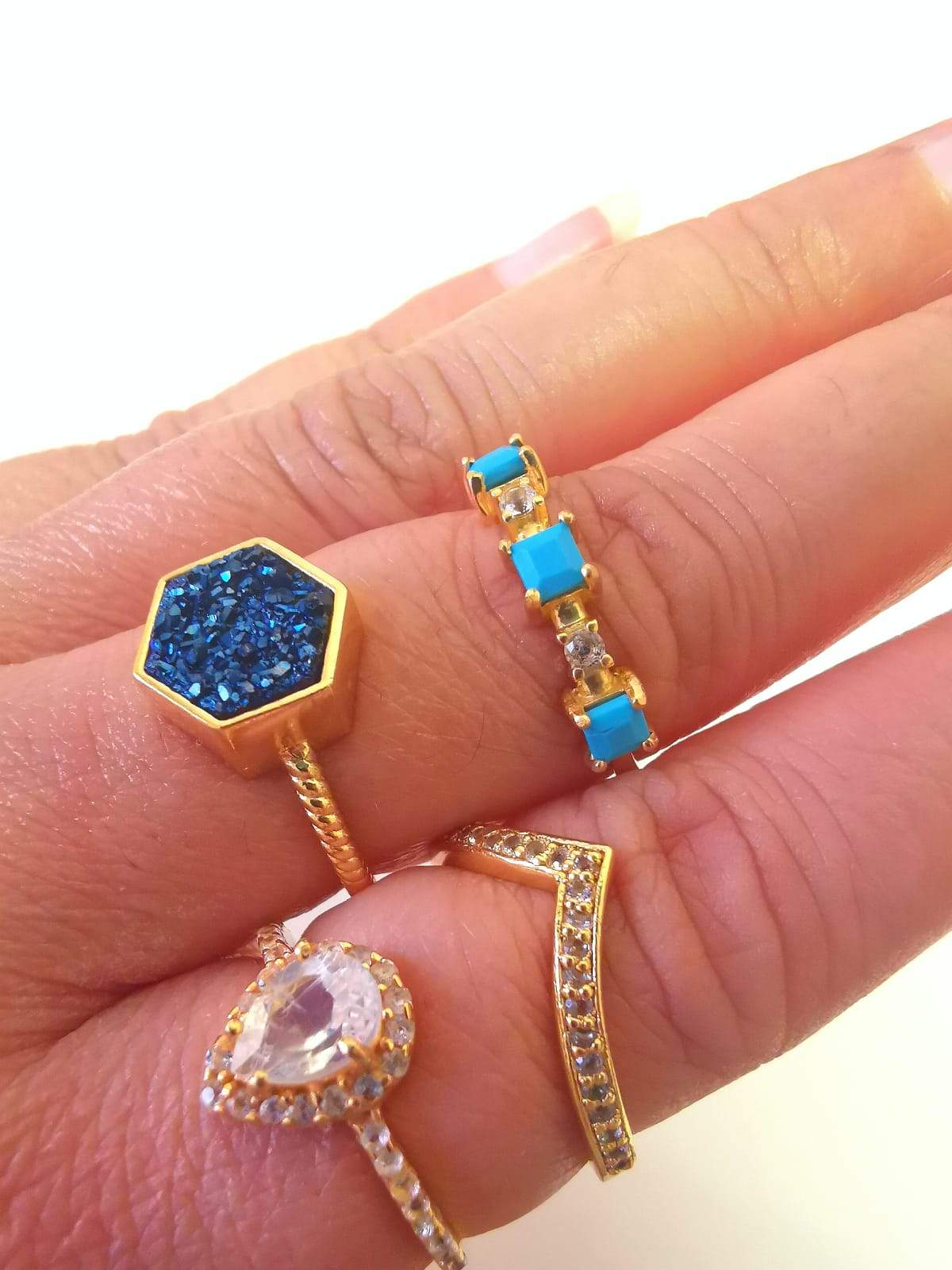 Night Sky Hexagon Statement Ring/18K Yellow Gold & Blue Titanium Druzy - infinityXinfinity.co.uk